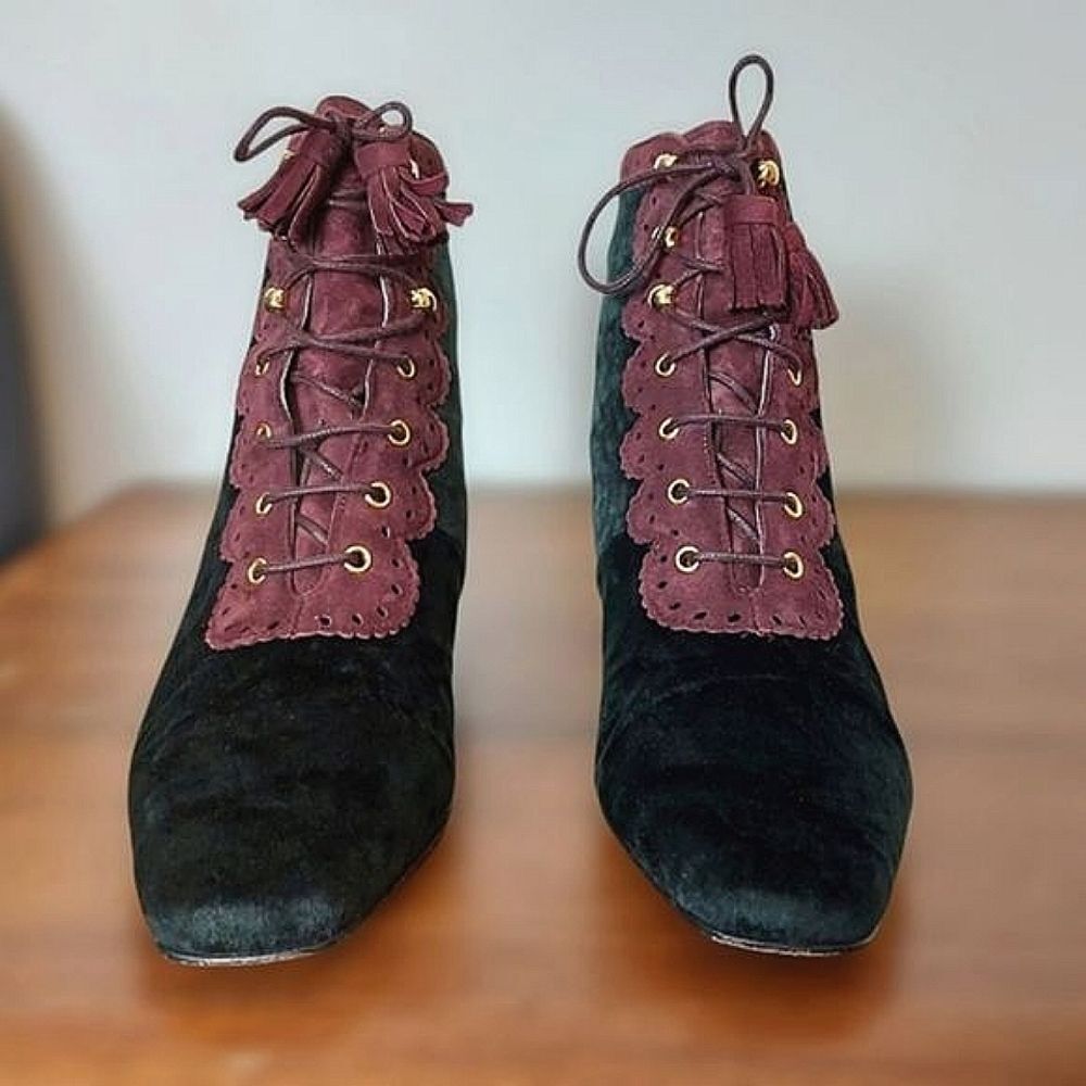 Vtg Mondi black velvet & plum suede ankle boots size 6 - Picture 3 of 8